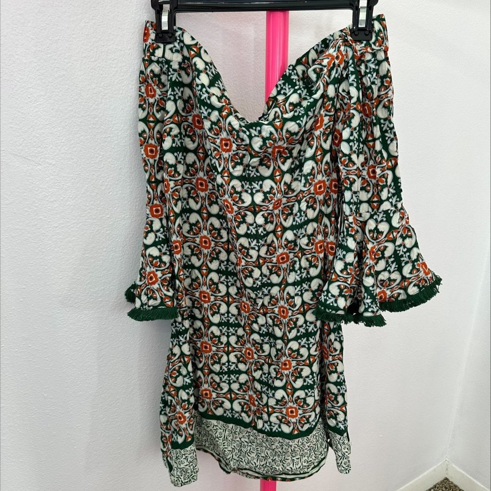 LULUS WANDERLUST FOR LIFE GREEN PRINT OFF-THE-SHOULDER‎ MINI DRESS- SIZE M